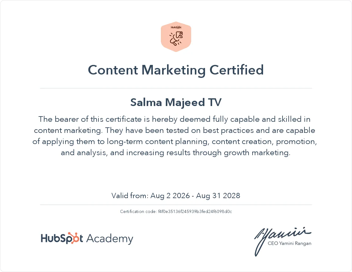 HUBSPOT Cerificate : DIGITAL MARKETING EXPERT IN ABU DHABI